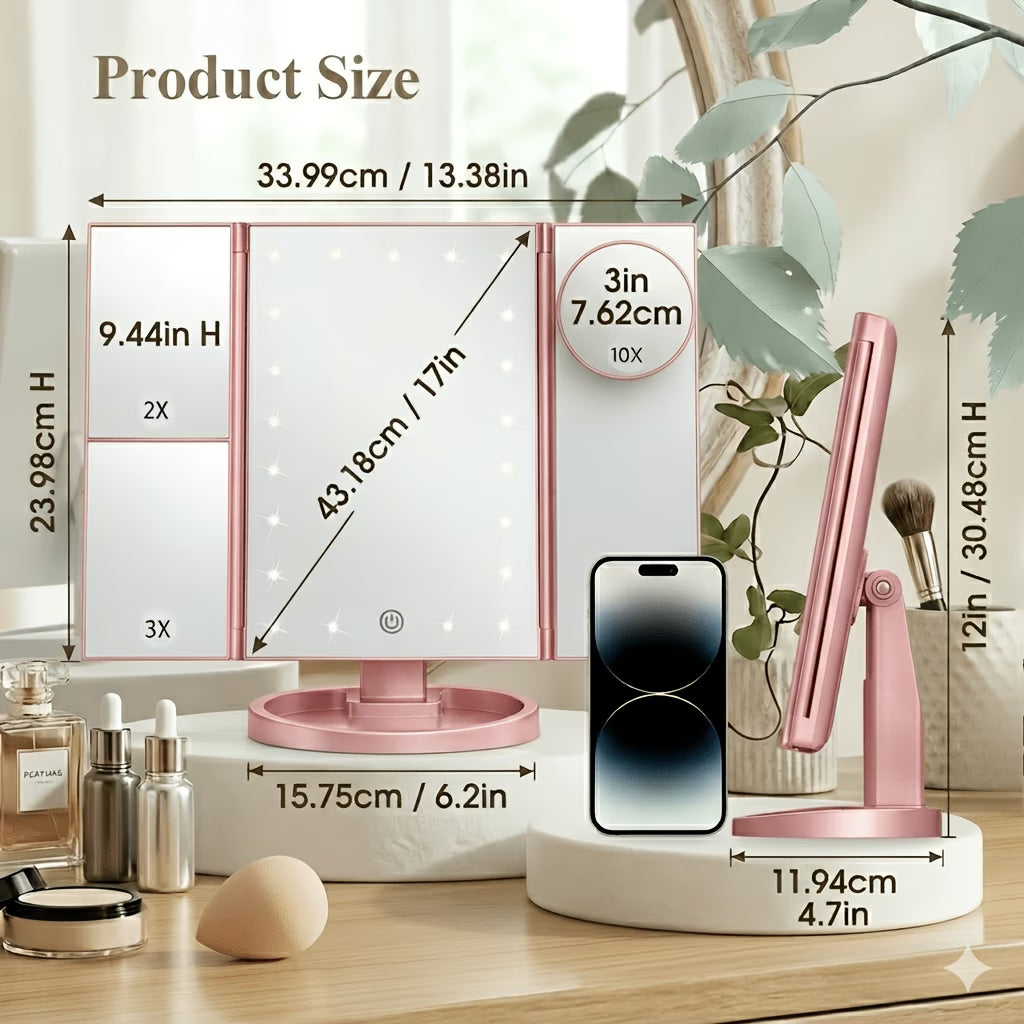 AuraGlow LED Vanity Mirror – Tri-Fold Touch Makeup Mirror