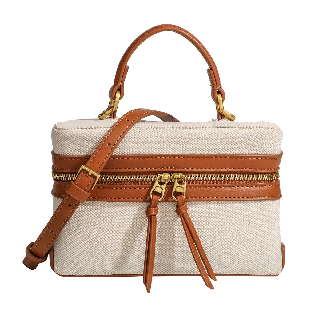 Women's Retro Canvas Spliced Lunch Box, Commuter Portable Shoulder Crossbody Small Square Bag, Adjustable Shoulder Strap