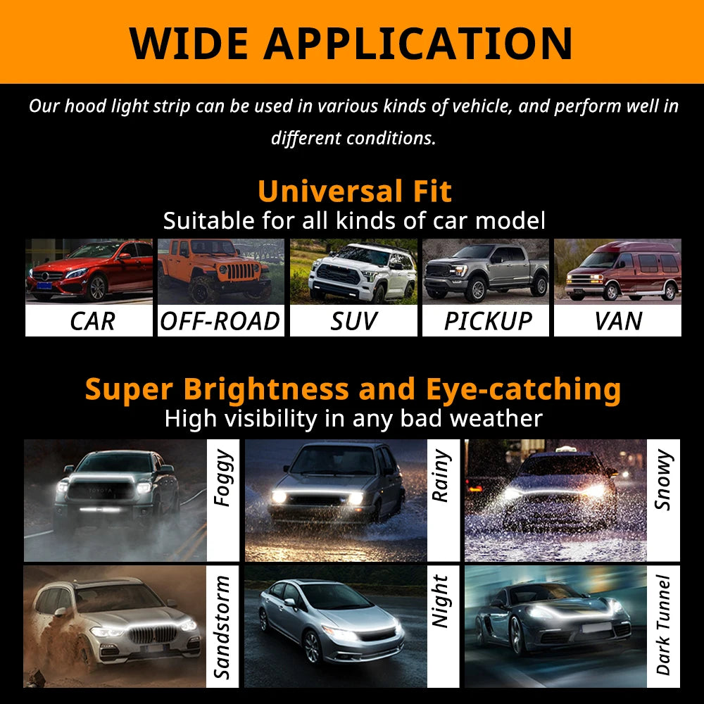 71 inch LED Engine Cover Light Strip Dynamic Scan Start-up Effect Car Hood Upgrade Daytime Running Lights SUV Truck Pickup DRL