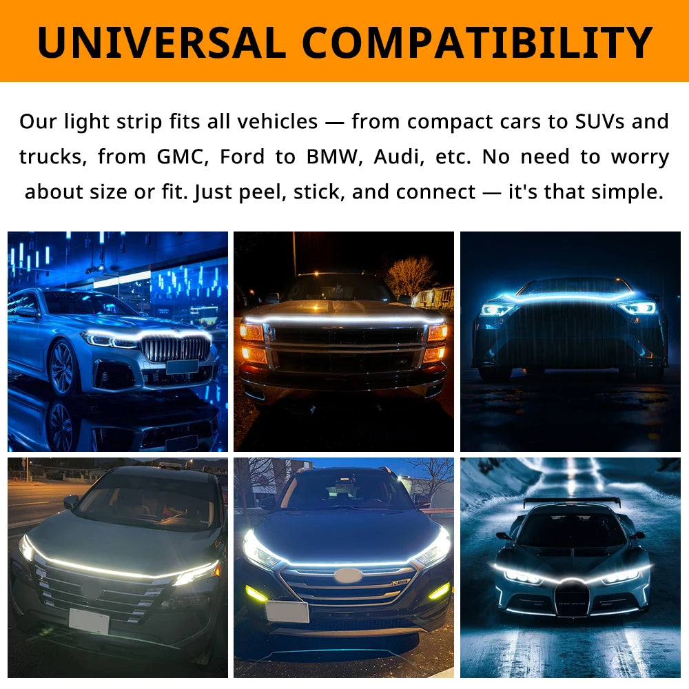 71 inch LED Engine Cover Light Strip Dynamic Scan Start-up Effect Car Hood Upgrade Daytime Running Lights SUV Truck Pickup DRL