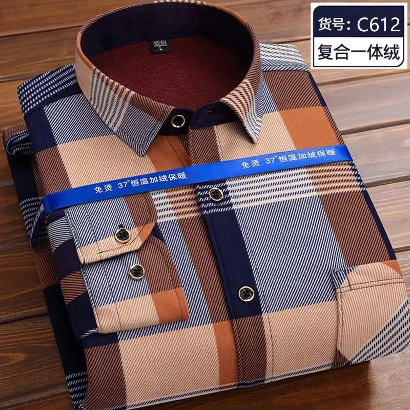Autumn Winter Thicken Fleece Shirt Men Business Plaid Shirt Long Sleeve Warm Clothes Turn Down Collar Button Up Warm Shirts Male