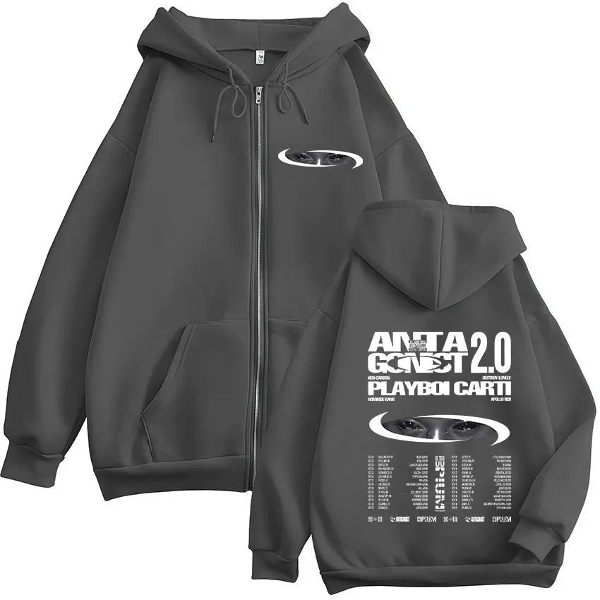 Rapper Playboi Carti Antagonist 2.0 Tour 2025 Fans Zip Up Hoody Men Women Hip Hop Retro Long Sleeve Sweatshirt Coats Streetwear