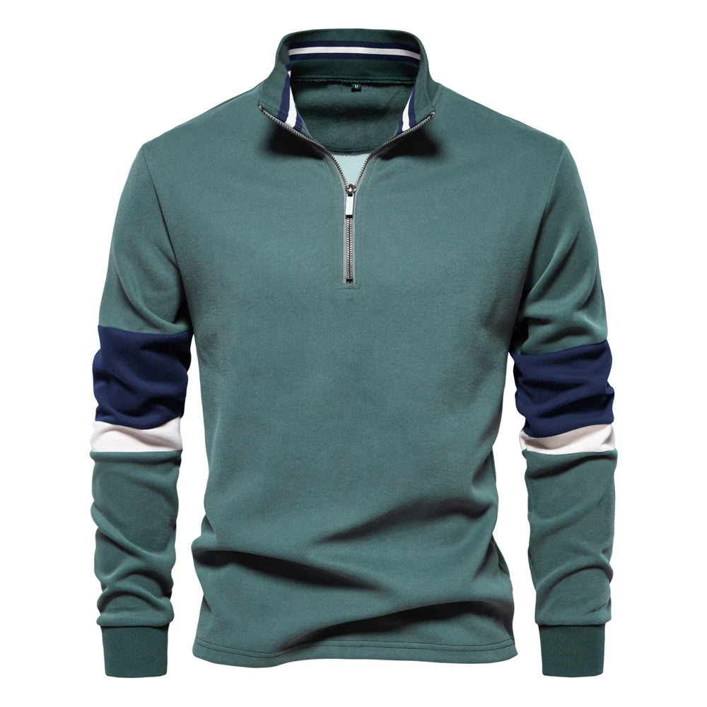 AIOPESON Mens Mock Neck Quarter Zip Sweatshirts Patchwork  Fashion Pullover Cotton-blend Sweatshirt for Men