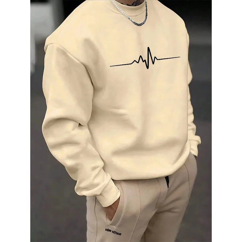 Men's autumn and winter fashionable casual loose electrocardiogram heartbeat pattern printed pullover with long sleeves