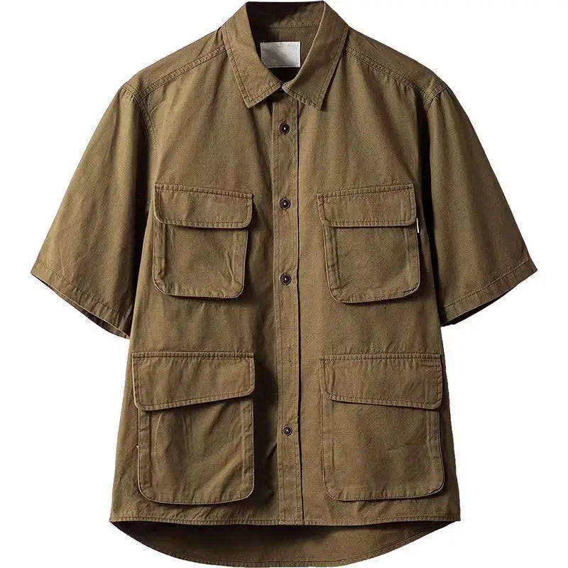 American Retro Workwear Shirt Khaki Short Sleeve Multi Pocket Summer Trendy Brand Men's Fashion Casual Shirt Youth Style