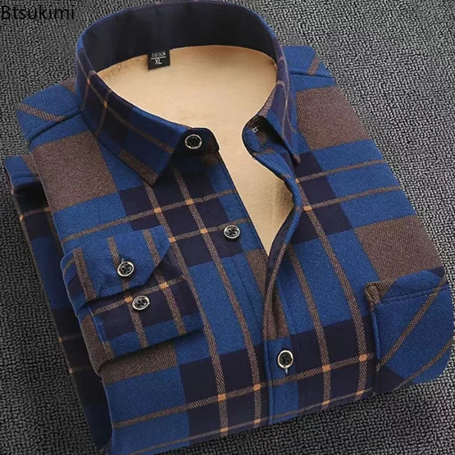 Autumn Winter Thicken Fleece Shirt Men Business Plaid Shirt Long Sleeve Warm Clothes Turn Down Collar Button Up Warm Shirts Male