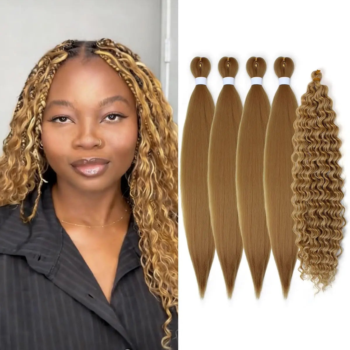 4+1 5 Dundle Deals Brown To Honey Blonde Curly Crochet Braids Pre Stretched,Ombre Knotless Boho Hair for Braiding Hair Synthetic
