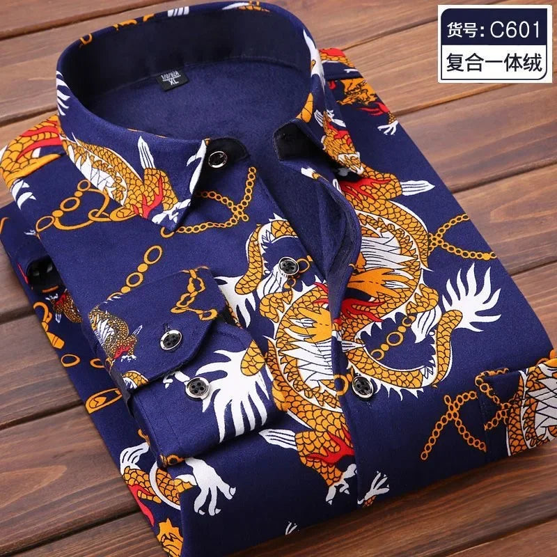 Autumn Winter Thicken Fleece Shirt Men Business Plaid Shirt Long Sleeve Warm Clothes Turn Down Collar Button Up Warm Shirts Male