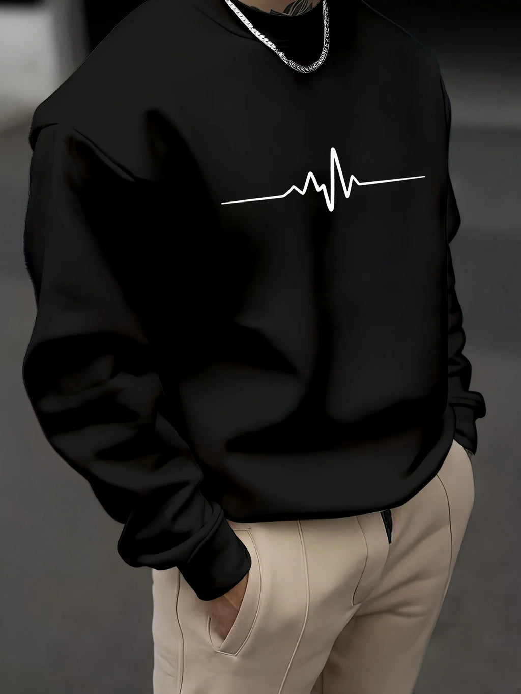 Men's autumn and winter fashionable casual loose electrocardiogram heartbeat pattern printed pullover with long sleeves