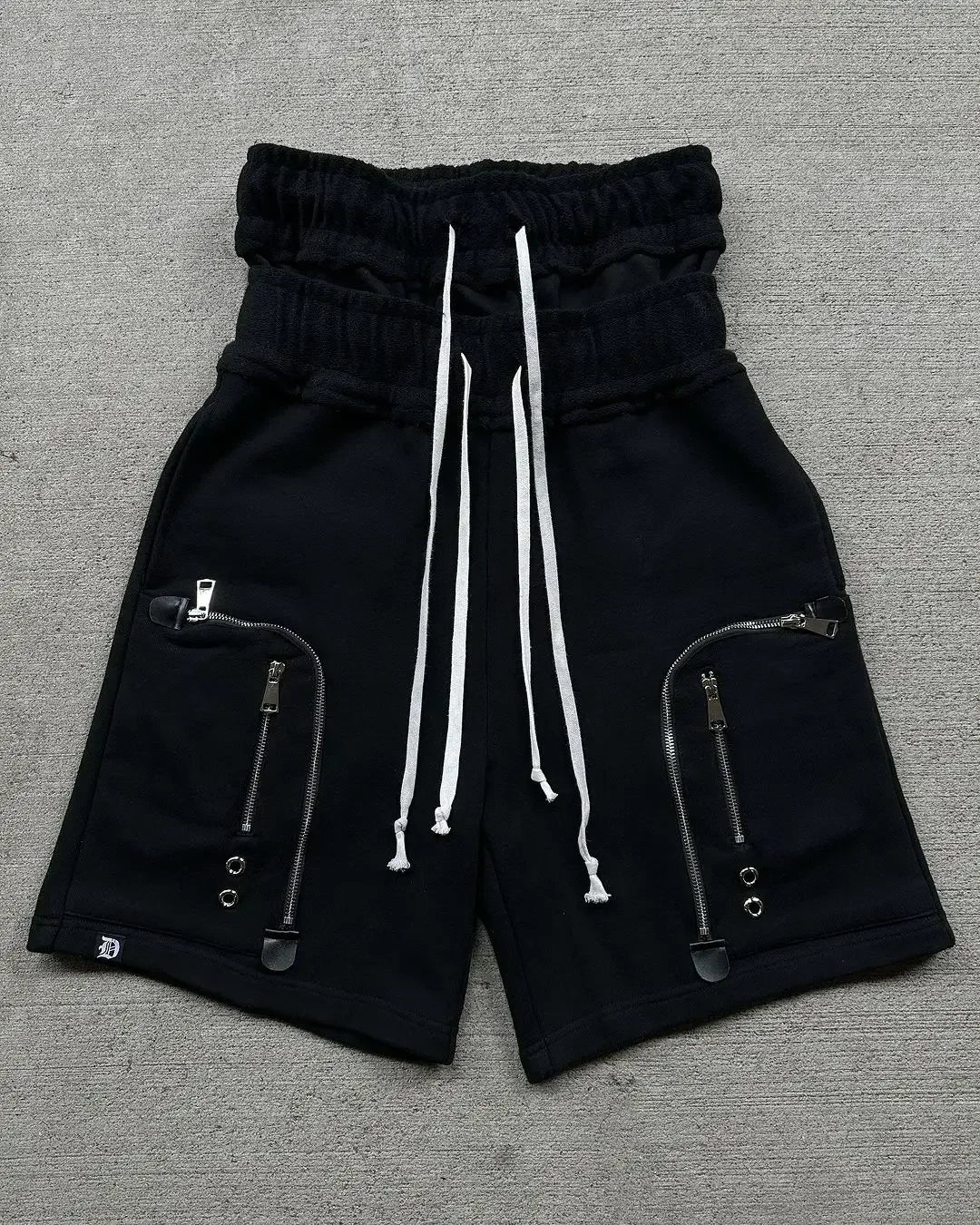Black zippered double-sleeved shorts suit hooded sweatshirt sports suit American high street casual patchwork jacket hot sale
