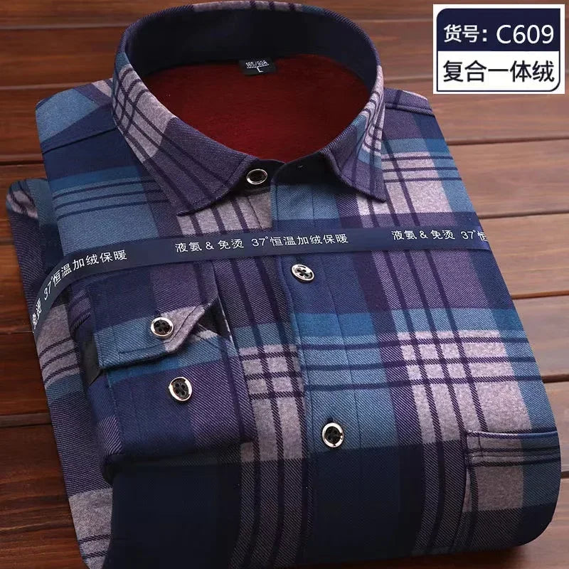 Autumn Winter Thicken Fleece Shirt Men Business Plaid Shirt Long Sleeve Warm Clothes Turn Down Collar Button Up Warm Shirts Male