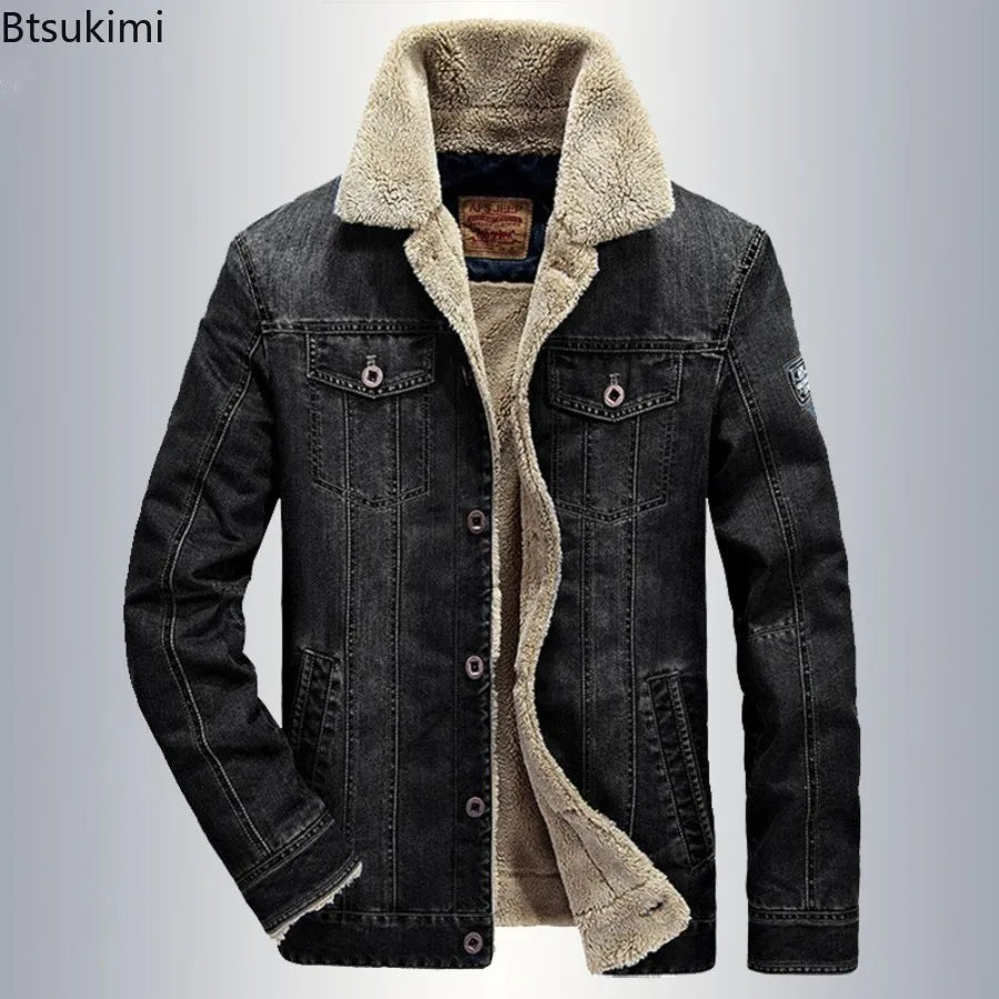 New Autumn Winter Men's Denim Jackets Thicken Fleece-Lined Lapel Warm Cotton-padded Coats Loose Casual Jean Jacket Plus Size 7XL