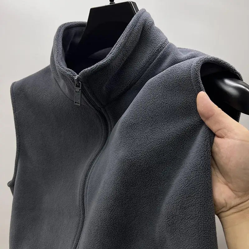 Thickened Zipper Closure Fleece Lined Double-sided Stand-up Collar Sleeveless Jacket for Men Autumn Winter Youth Casual Wear