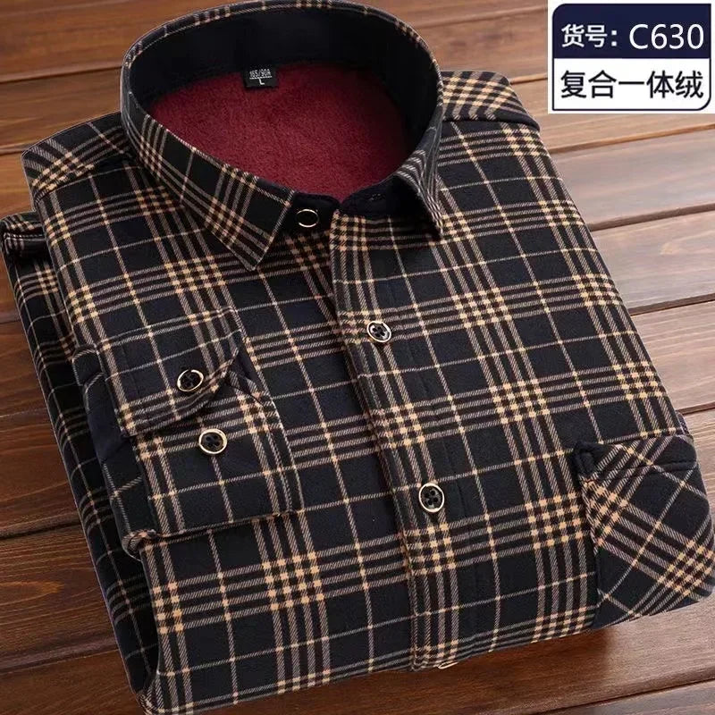 Autumn Winter Thicken Fleece Shirt Men Business Plaid Shirt Long Sleeve Warm Clothes Turn Down Collar Button Up Warm Shirts Male