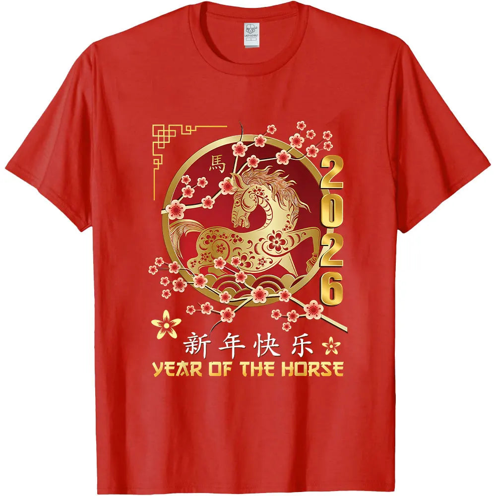 New Year 2026 Year of The Horse T-Shirt  Short-sleeve O-neck Streetwear Classic Pattern High Quality Cotton Tees Men Clothing