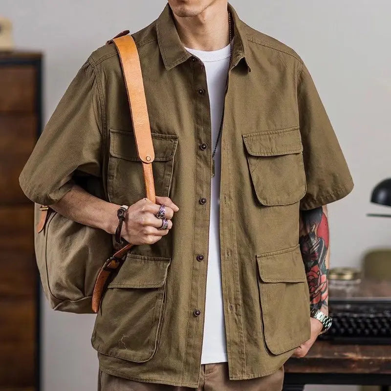 American Retro Workwear Shirt Khaki Short Sleeve Multi Pocket Summer Trendy Brand Men's Fashion Casual Shirt Youth Style