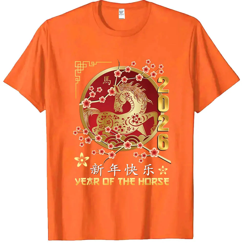 New Year 2026 Year of The Horse T-Shirt  Short-sleeve O-neck Streetwear Classic Pattern High Quality Cotton Tees Men Clothing