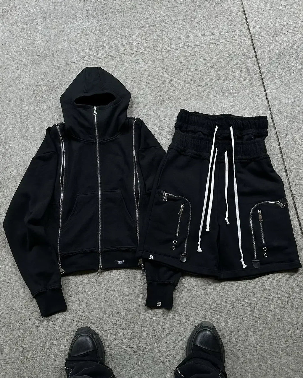 Black zippered double-sleeved shorts suit hooded sweatshirt sports suit American high street casual patchwork jacket hot sale