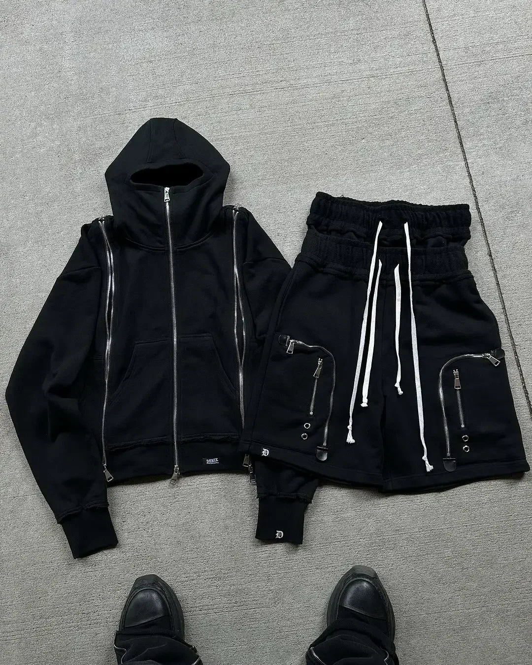 Black zippered double-sleeved shorts suit hooded sweatshirt sports suit American high street casual patchwork jacket hot sale