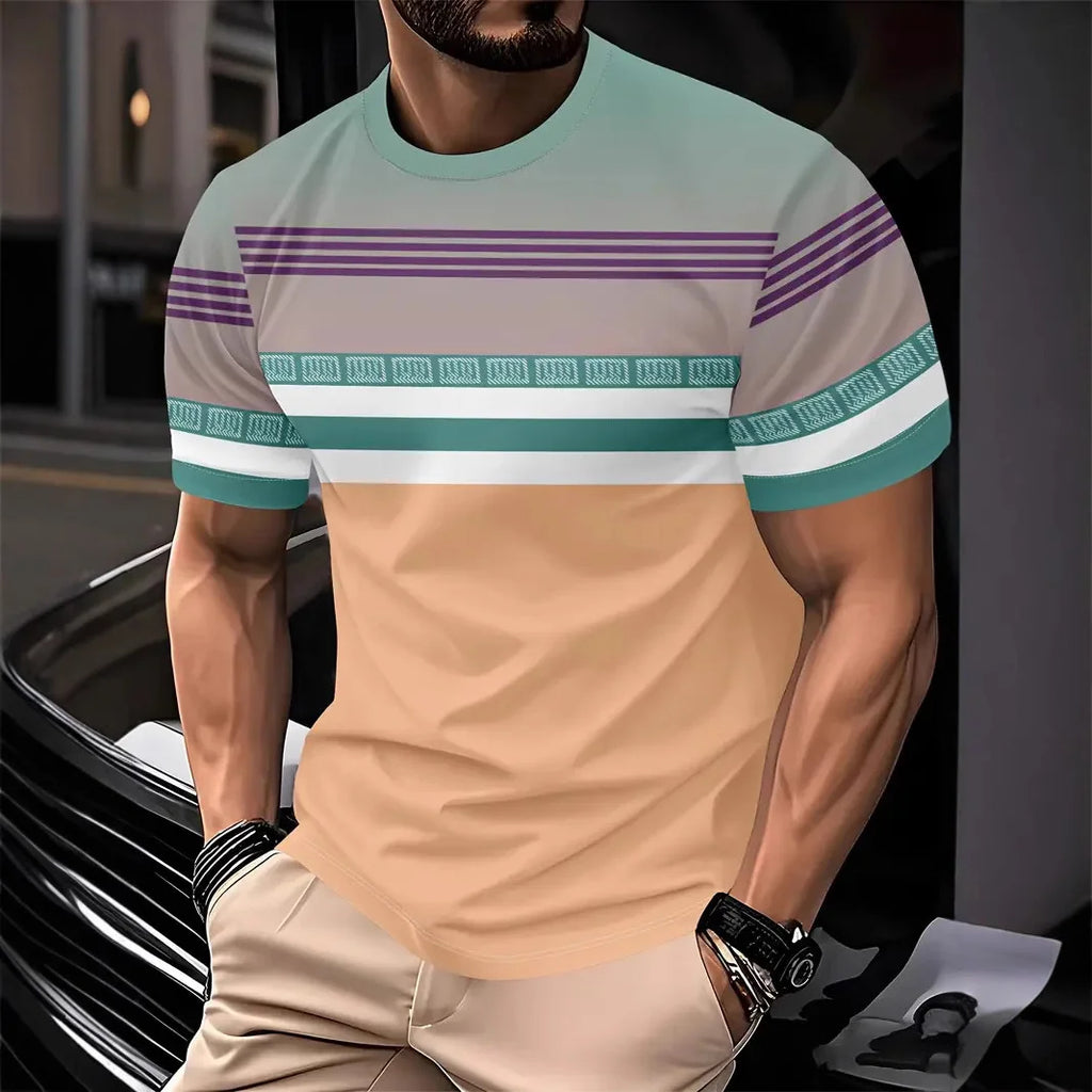 2025 Summer Men's Fashion 3D T Shirt Splicing Printed Colorblocking Casual Slim Short Sleeve Outdoor Sports Running Fitness Top