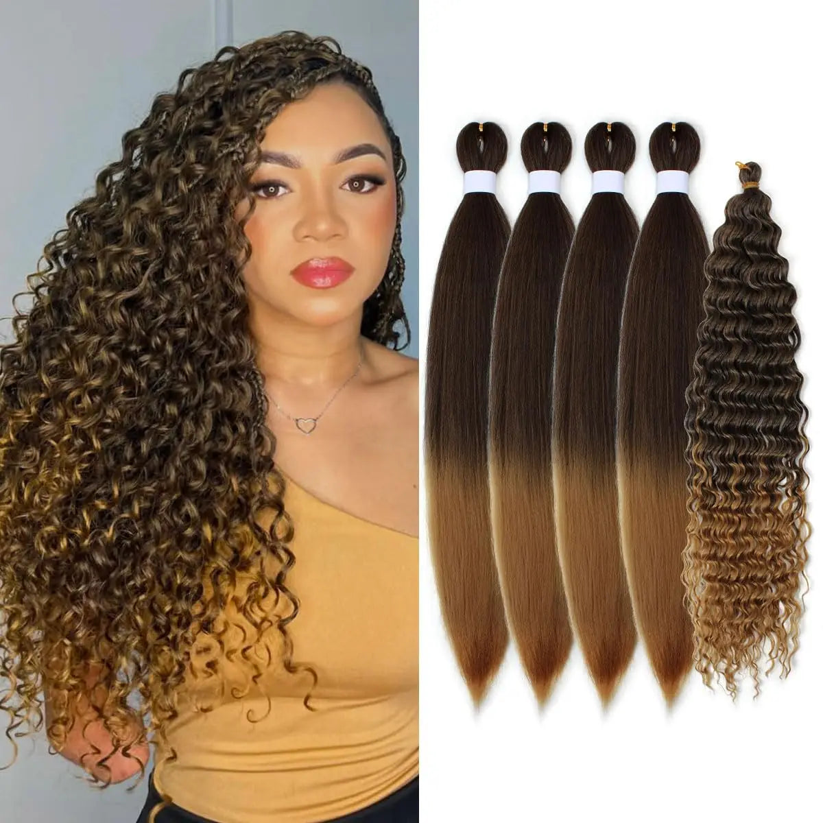 4+1 5 Dundle Deals Brown To Honey Blonde Curly Crochet Braids Pre Stretched,Ombre Knotless Boho Hair for Braiding Hair Synthetic