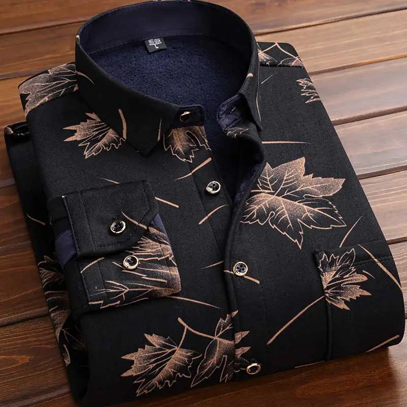 Autumn Winter Thicken Fleece Shirt Men Business Plaid Shirt Long Sleeve Warm Clothes Turn Down Collar Button Up Warm Shirts Male