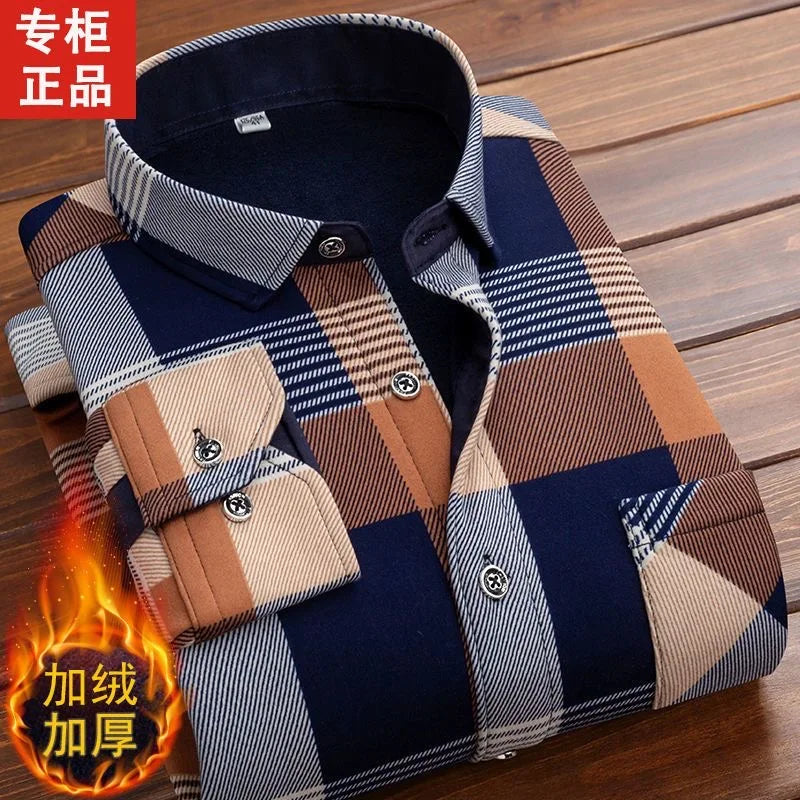 Autumn Winter Thicken Fleece Shirt Men Business Plaid Shirt Long Sleeve Warm Clothes Turn Down Collar Button Up Warm Shirts Male