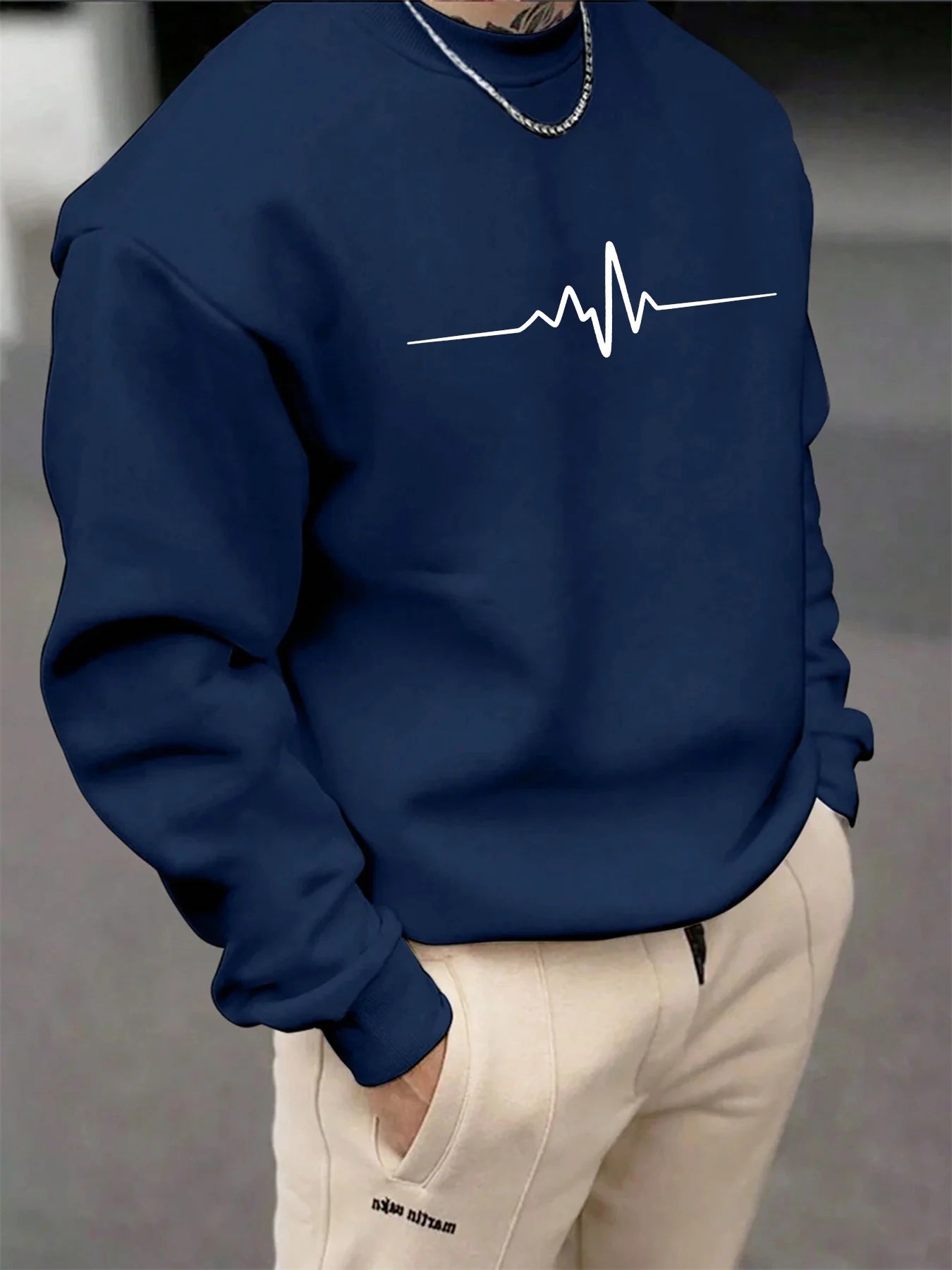 Men's autumn and winter fashionable casual loose electrocardiogram heartbeat pattern printed pullover with long sleeves