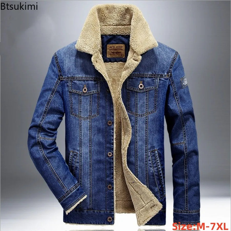 New Autumn Winter Men's Denim Jackets Thicken Fleece-Lined Lapel Warm Cotton-padded Coats Loose Casual Jean Jacket Plus Size 7XL