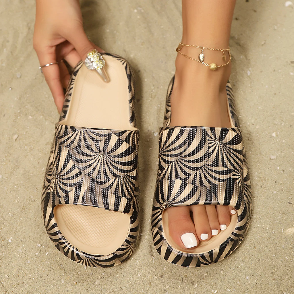 Women's Zebra Print Slip-On Slippers Summer Fashion Versatile Sandals Comfortable Home Slides for Beach Walks Street Wear