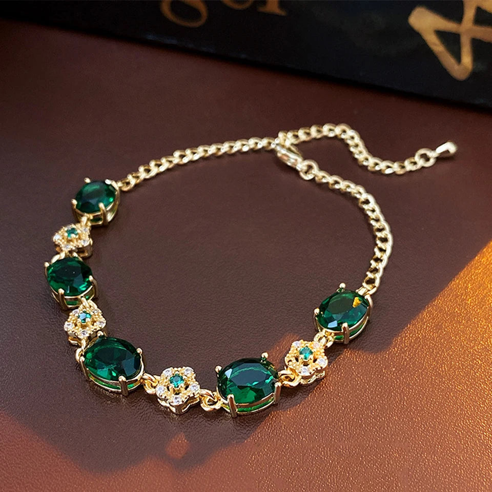 ZAKOL Luxury Green Crystal Zirconia Bracelet Gold Color Link Chain Bracelets For Women Vintage Party Wedding Bridal Jewelry Gift
