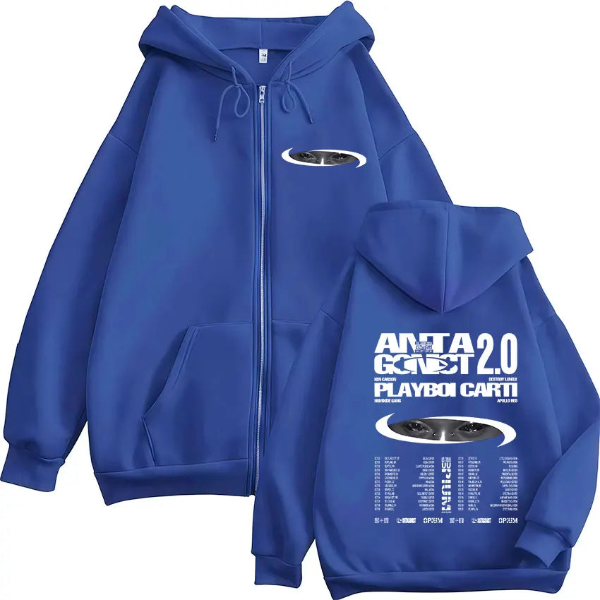 Rapper Playboi Carti Antagonist 2.0 Tour 2025 Fans Zip Up Hoody Men Women Hip Hop Retro Long Sleeve Sweatshirt Coats Streetwear