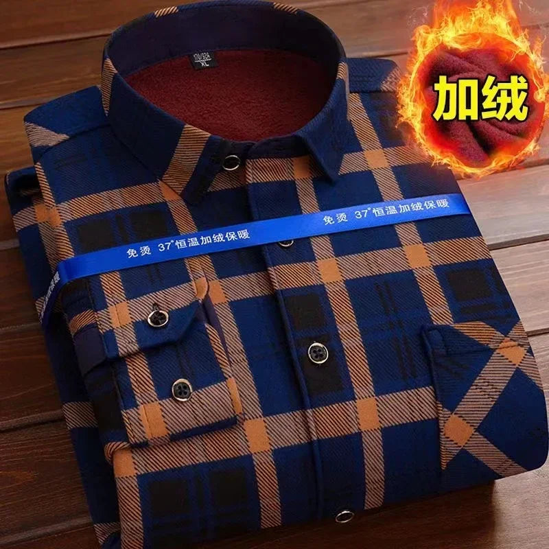 Autumn Winter Thicken Fleece Shirt Men Business Plaid Shirt Long Sleeve Warm Clothes Turn Down Collar Button Up Warm Shirts Male
