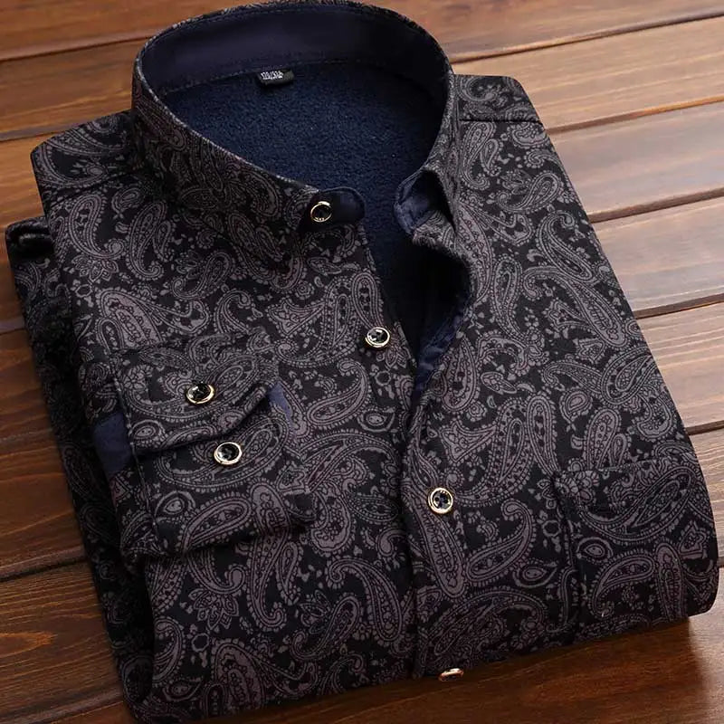 Autumn Winter Thicken Fleece Shirt Men Business Plaid Shirt Long Sleeve Warm Clothes Turn Down Collar Button Up Warm Shirts Male