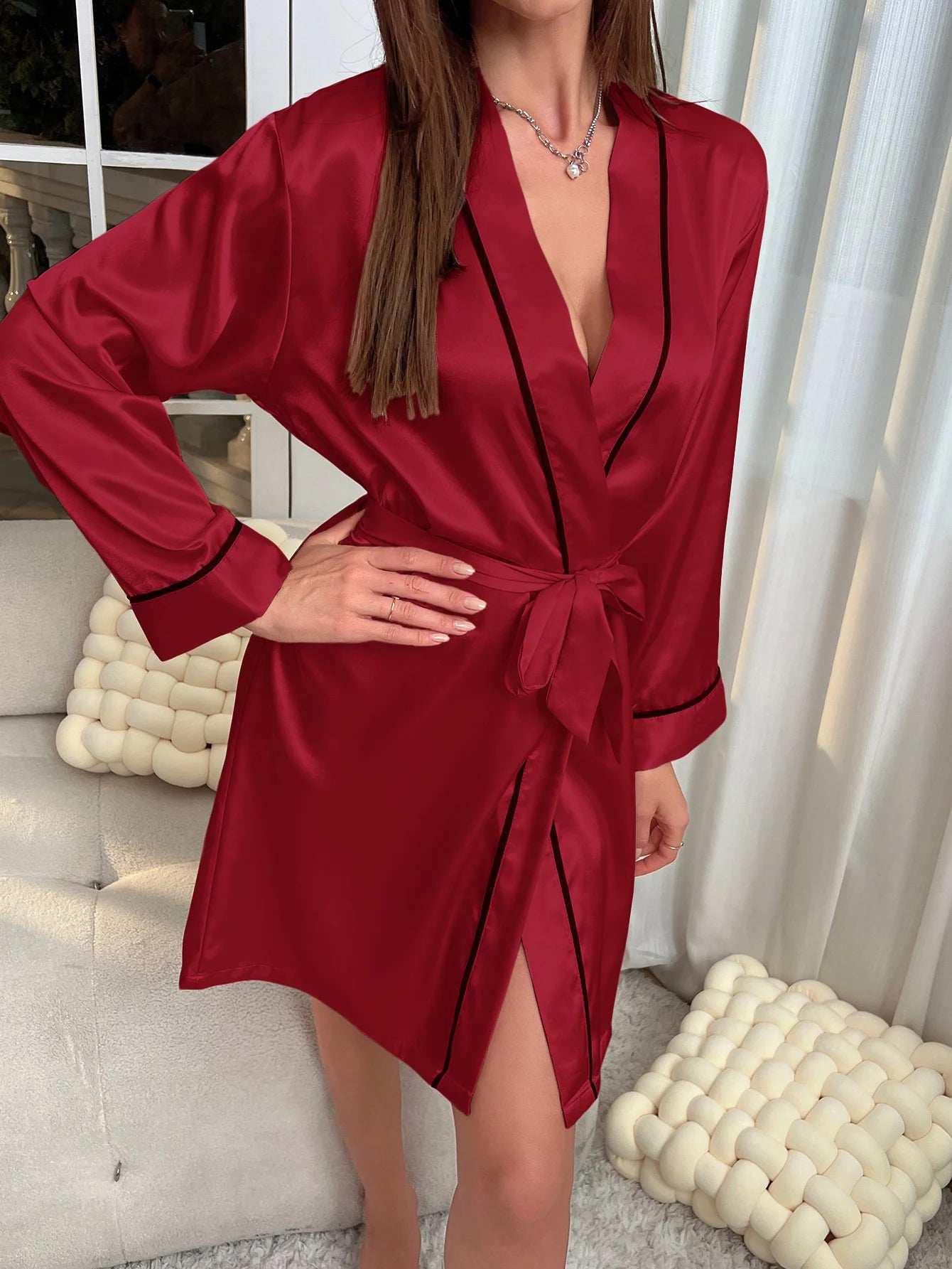Simple Satin Night Robe Elegant V Neck Long Sleeve House Robe With Belt  Women's Sleepwear