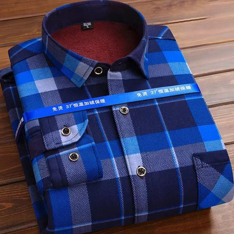 Autumn Winter Thicken Fleece Shirt Men Business Plaid Shirt Long Sleeve Warm Clothes Turn Down Collar Button Up Warm Shirts Male