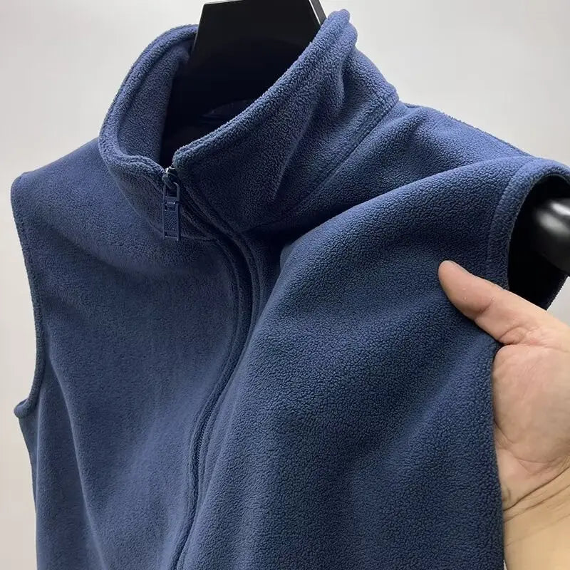 Thickened Zipper Closure Fleece Lined Double-sided Stand-up Collar Sleeveless Jacket for Men Autumn Winter Youth Casual Wear