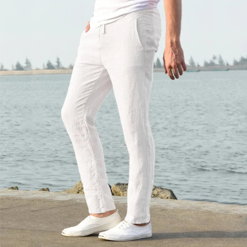 Summer Men's Cotton Linen Long Pants Solid Color Breathable Linen Trousers Male Casual Elastic Waist Casual Pants Harajuku Trous