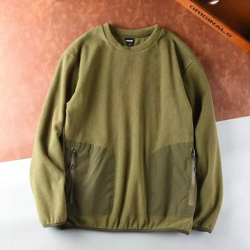 Autumn Winter Men's Polar Fleece Outdoor Warm Breathable Tactical Zipper Round Neck Long Sleeve Casual Splicing Color Sweatshirt