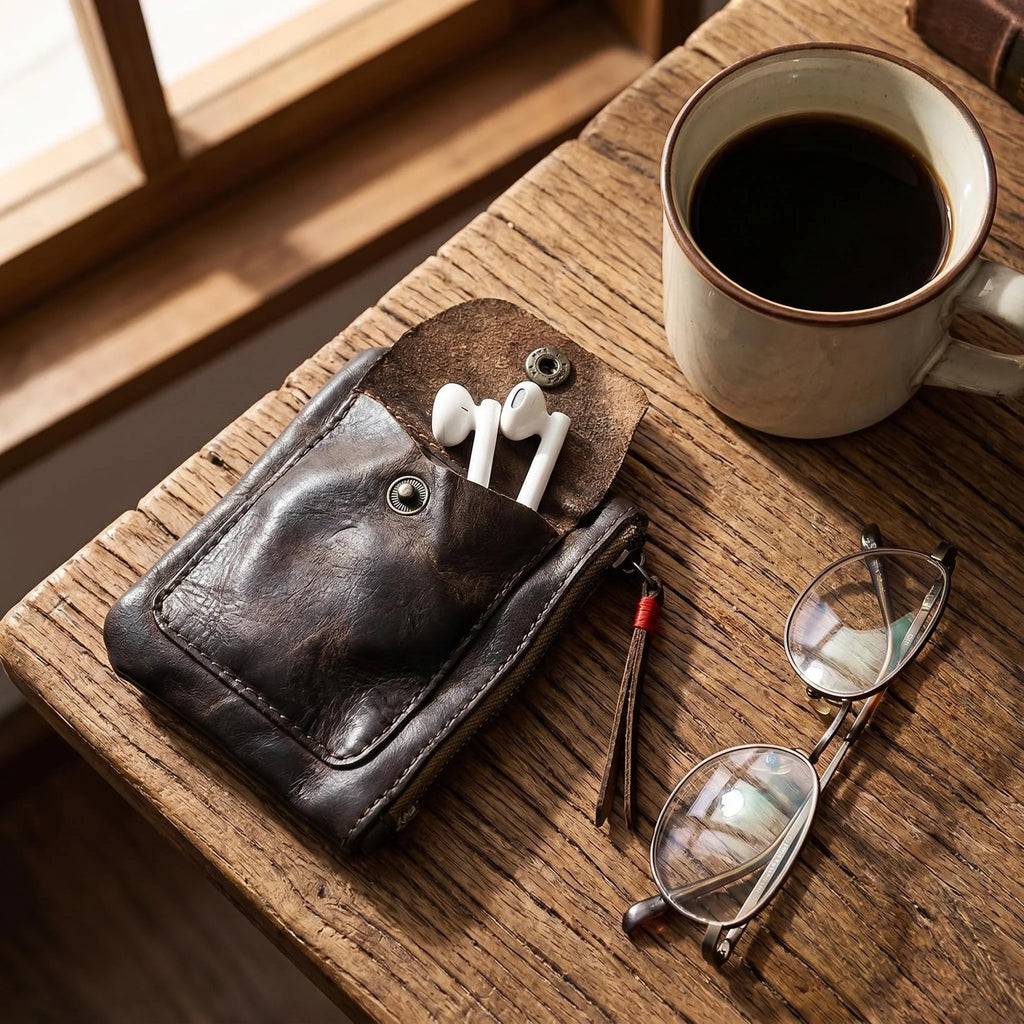 Cowhide Wallet Men's Leather Wallet Genuine Leather Men's Wallet Minimalist Wallet Credit Card Holder Earbuds Pouch