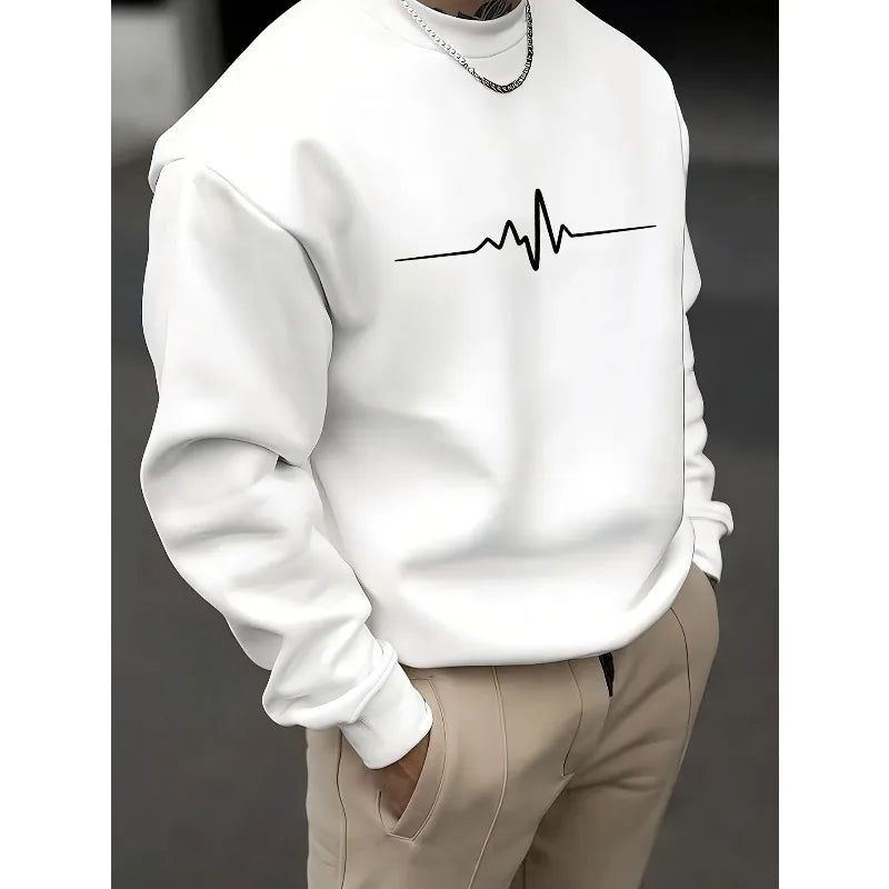 Men's autumn and winter fashionable casual loose electrocardiogram heartbeat pattern printed pullover with long sleeves
