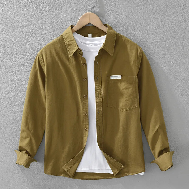 Men's Pure Cotton Shirt Solid Casual Heavyweight Button Down Collar Shirts Long Sleeve Dress Shirts With Pocket
