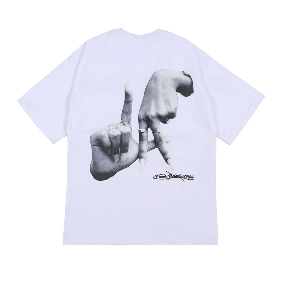 Hands Finger Cross Print White Black Summer Y2K Tshirts for Men and Women Short Sleeve Streetwear Casual Tees Crew Neck T-shirt