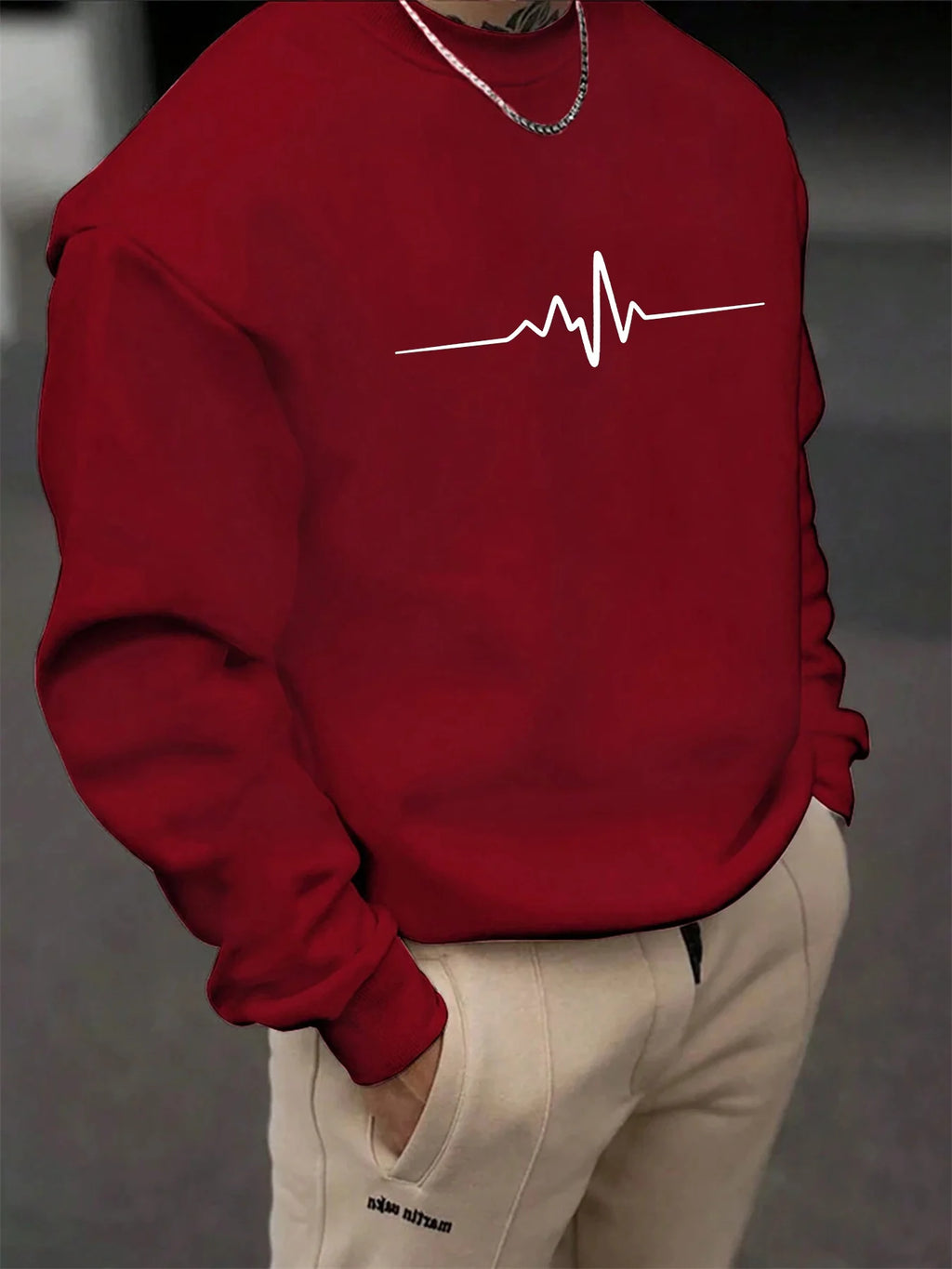 Men's autumn and winter fashionable casual loose electrocardiogram heartbeat pattern printed pullover with long sleeves