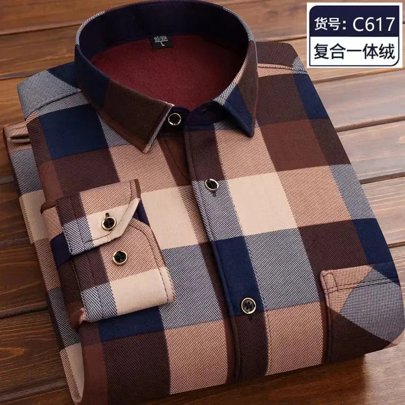 Autumn Winter Thicken Fleece Shirt Men Business Plaid Shirt Long Sleeve Warm Clothes Turn Down Collar Button Up Warm Shirts Male