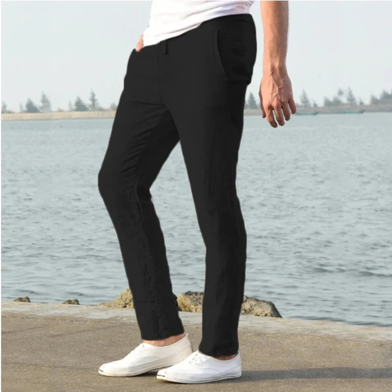 Summer Men's Cotton Linen Long Pants Solid Color Breathable Linen Trousers Male Casual Elastic Waist Casual Pants Harajuku Trous