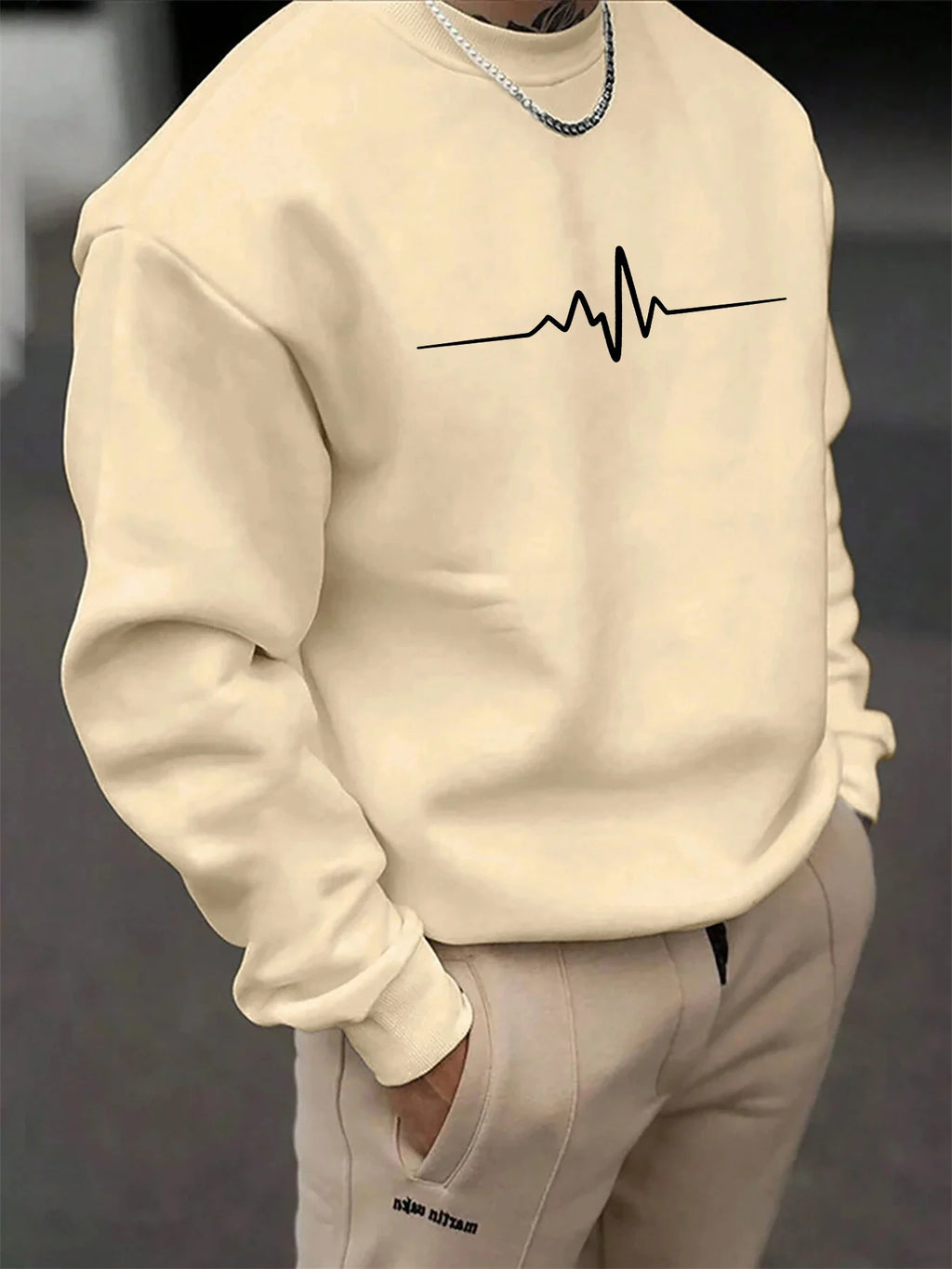 Men's autumn and winter fashionable casual loose electrocardiogram heartbeat pattern printed pullover with long sleeves