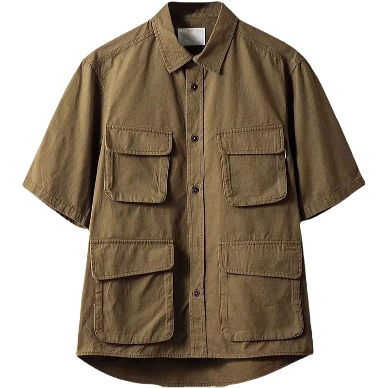 American Retro Workwear Shirt Khaki Short Sleeve Multi Pocket Summer Trendy Brand Men's Fashion Casual Shirt Youth Style