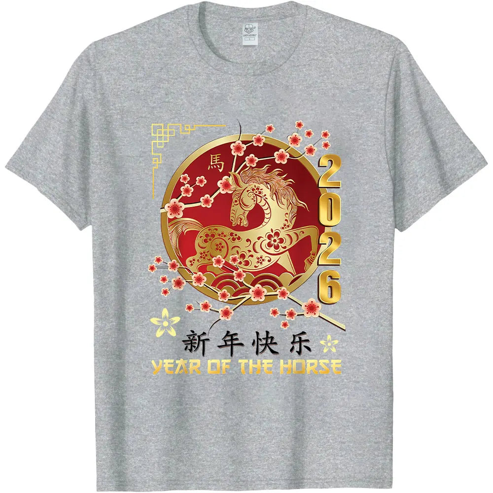 New Year 2026 Year of The Horse T-Shirt  Short-sleeve O-neck Streetwear Classic Pattern High Quality Cotton Tees Men Clothing