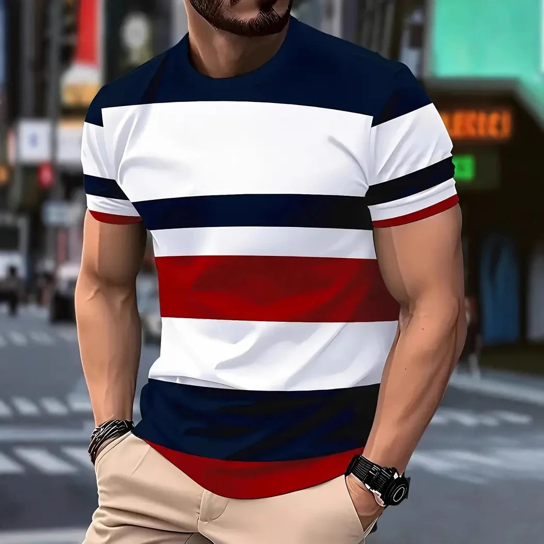 2025 Summer Men's Fashion 3D T Shirt Splicing Printed Colorblocking Casual Slim Short Sleeve Outdoor Sports Running Fitness Top